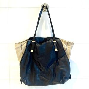 Joie Tote - Black Leather with Linen zip panels